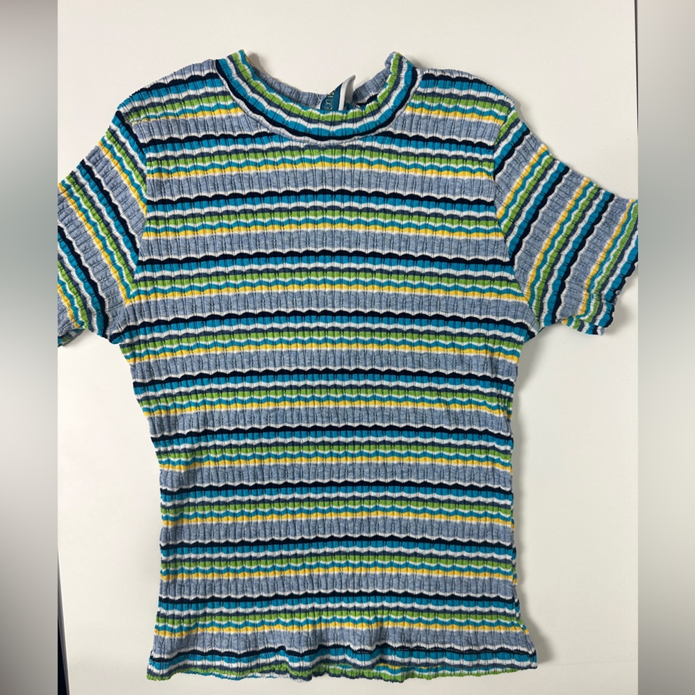 **UP to 50% OFF ** Vintage 90s Ribbed Stripe Short Sleeve Tee in Blue & Green